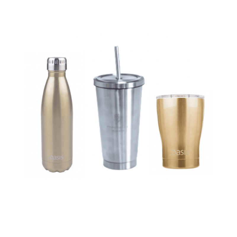 Singers Gift Guide first options are One Oasis Champagne coloured water bootle, one stainless steel smoothie cup and one Oasis Champagne coloured takeout coffee cup lined up side by side, perfect for hydrating on the go