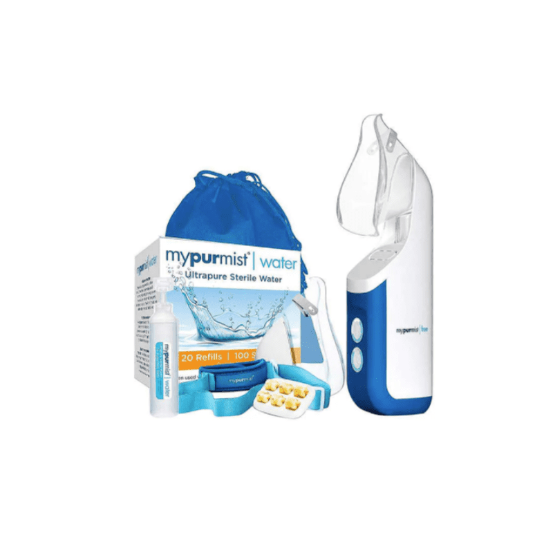 A MyPurmist Personal steamer package showing accessories including storage bag, UltraPure water vials, Eucalyptus shot pack, neck strap and extra face mask.